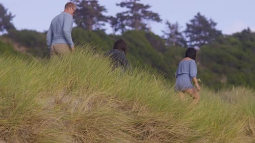 Group of friends at beach walking in grass
