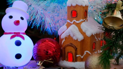 Close-up of Christmas Decorations with Snowman and Gingerbread
