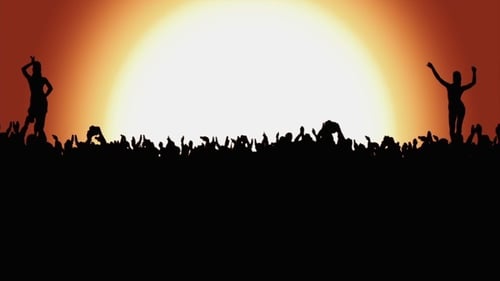 Silhouetted Crowd Dances with Raised Hands