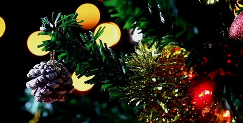 Festive Decorated Christmas Tree with Bokeh Lights