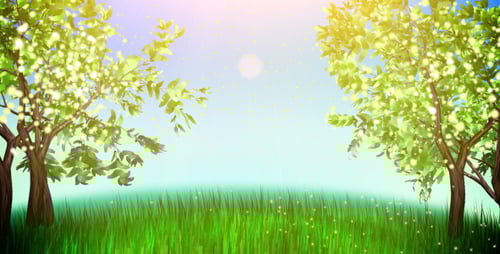 Magical Spring Meadow Background with Twinkling Lights