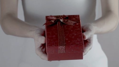 Woman Holding a Wrapped Red Gift Box