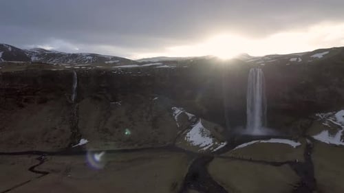 Seljalandsfoss waterfall in Iceland aerial panoramic view at sunrise