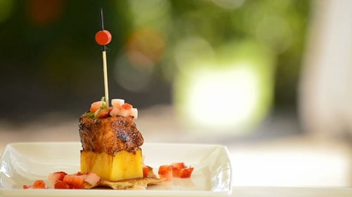 Delicious Stacked Meal Featuring Meat and Pineapple