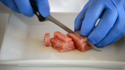 Dicing Fresh Raw Tuna for Japanese Dish