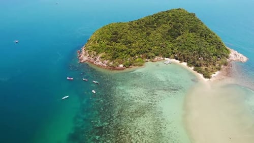 Aerial Drone View Small Koh Ma Island, Ko Phangan Thailand. Exotic Coast Panoramic Landscape, Mae