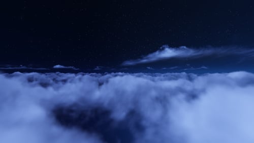 Flying Through Fluffy Clouds Under a Starry Night Sky