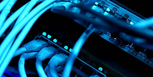 Network Cables and Ethernet Ports Glowing Blue