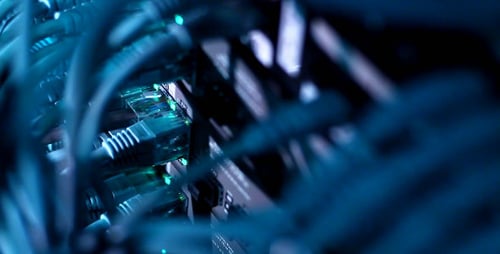 Abstract Blue Cables and Green Lights Close Up