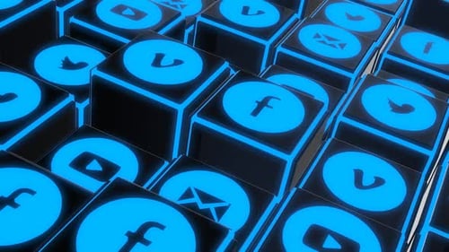 Futuristic Social Media Icons on Glowing Cubes Loop
