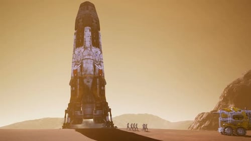 Space Exploration Crew Approaches Rocket on Martian Surface