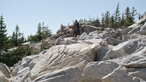 Couple Hiking on Rocky Mountain in Daylight
