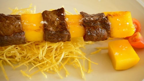 Beef and Mango Food Skewer with Potatoes