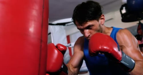 Boxer practicing boxing with punching bag