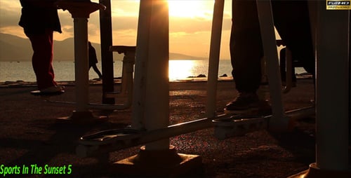 People Exercising on Machines at Seaside at Sunset