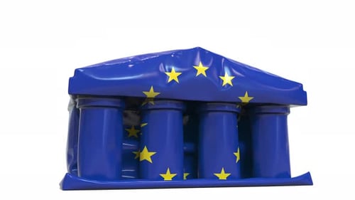 Deflating Bank or Government Building with Flag of the EU