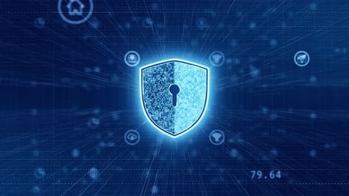 Blue Security Shield Icon Technologie futuristische Elemente abstrakter Hintergrund Seamless Loop Video