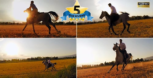 Horseback Riding in Golden Field at Sunset