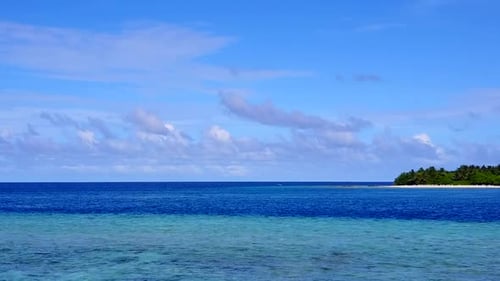 Aerial drone panorama of lagoon beach trip by blue ocean and sand background