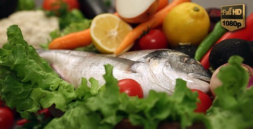 Raw Fish and Colorful Fresh Vegetables Displayed