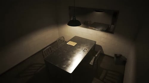 Sala de interrogatorios oscura y vacía vista a través del espejo unidireccional.
Investigación