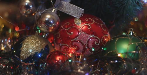 Christmas Ornaments and Twinkling Lights on Tree