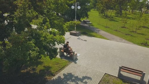 Newlywed Couple Sits on Bench in Green Park Upper View