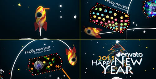 New Year Celebration Rocket Animation with Text Overlays