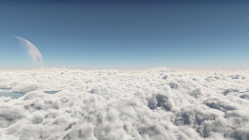 Flying Above Clouds With Moon Planet In Blue Sky Animation