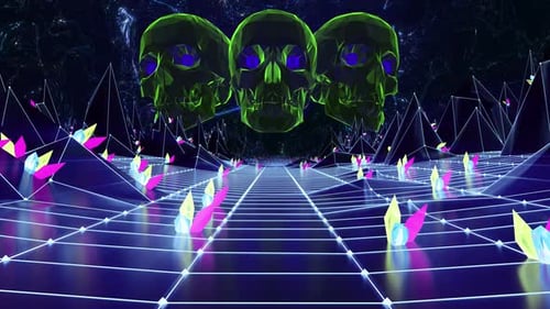 Retro Synthwave Landscape with Low Poly Neon Skulls