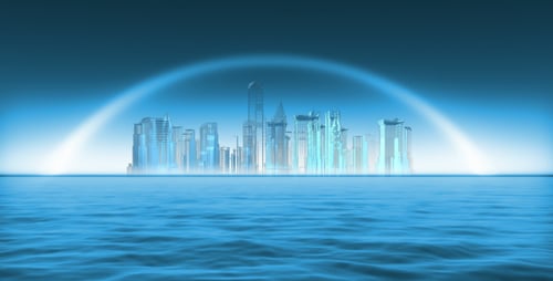 Futuristic City Skyline Over Water with Glowing Arc