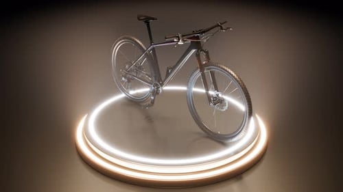 MTB bike rotating around at the lighted platform. Expo. Spotlights. 4k HD Loop