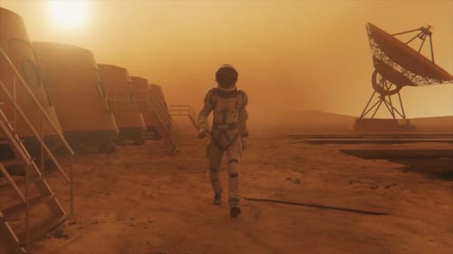 Astronaut on the Planet Mars Making a Detour Around His Base