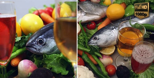 Fresh Fish with Vegetables and Drinks Still Life
