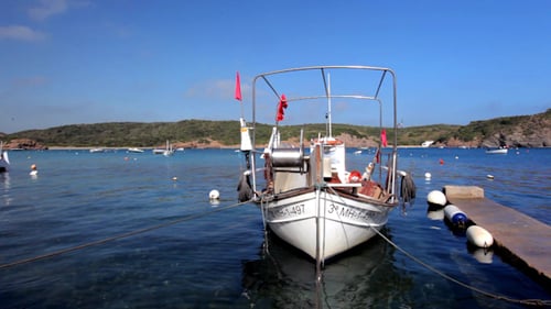 Small Fishing Boat Docked in Clear Blue Water