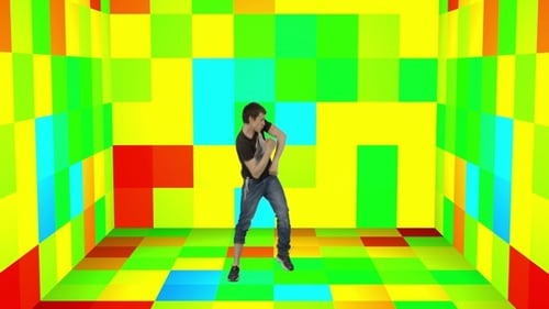 Young Adult Dancing in Colorful Pixelated Room