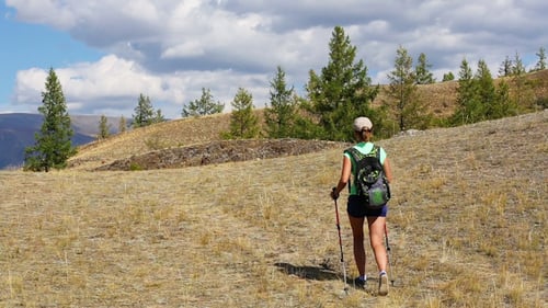 Woman Hiking in Rural Grassy Landscape