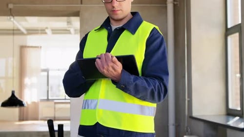 Builder in Helmet and Safety West with Tablet Pc