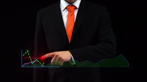 Geschäftsmann verwendet eine holographische Schnittstelle und zeichnet ein aufsteigendes Finanzdiagramm. Touchscreen.
Viele