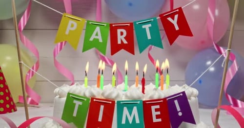 Celebration Cake with Candles and Balloons