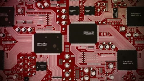 Circuit motherboard with processor and complex electronics, chips, semiconductor