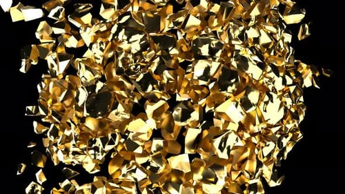 Große Goldene Felsenexplosion, Goldstaub auf schwarzen, glänzenden, zerbrochenen Teilen, Superzeitlupe, 1000 Bilder pro Sekunde