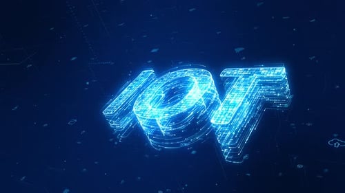 Logo digital azul de IOT (Internet de las cosas) con icono de tecnología futurista sobre fondo abstracto