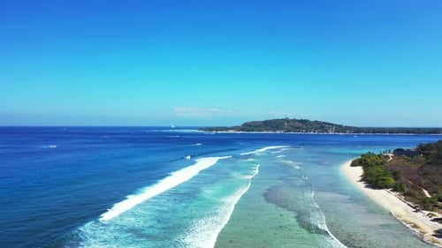 Aerial top down landscape of tranquil lagoon beach vacation by aqua blue sea and white sand backgrou