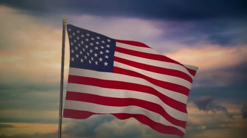 Realistic Waving American Flag Against Dynamic Cloudy Sunset Sky