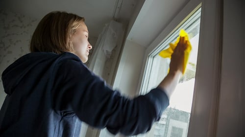 Woman Cleans Window with Yellow Sponge Inside Home