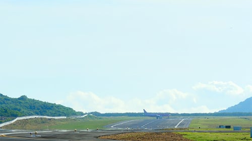 Airplane Landing on Tropical Runway on Clear Day