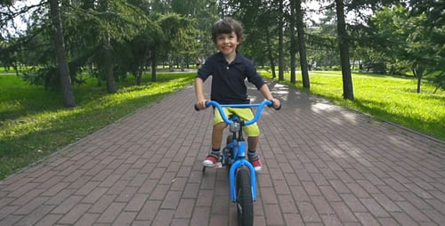 Happy Boy Riding Bike in Park on Sunny Day