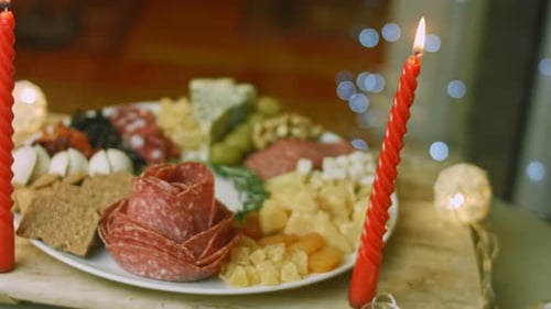 Flat Charcuterie with Salami Different Kinds of Cheese