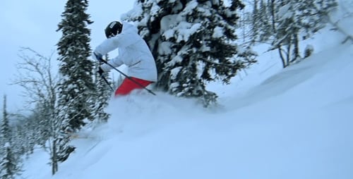Skier Carving Powder Turns in Snowy Mountains